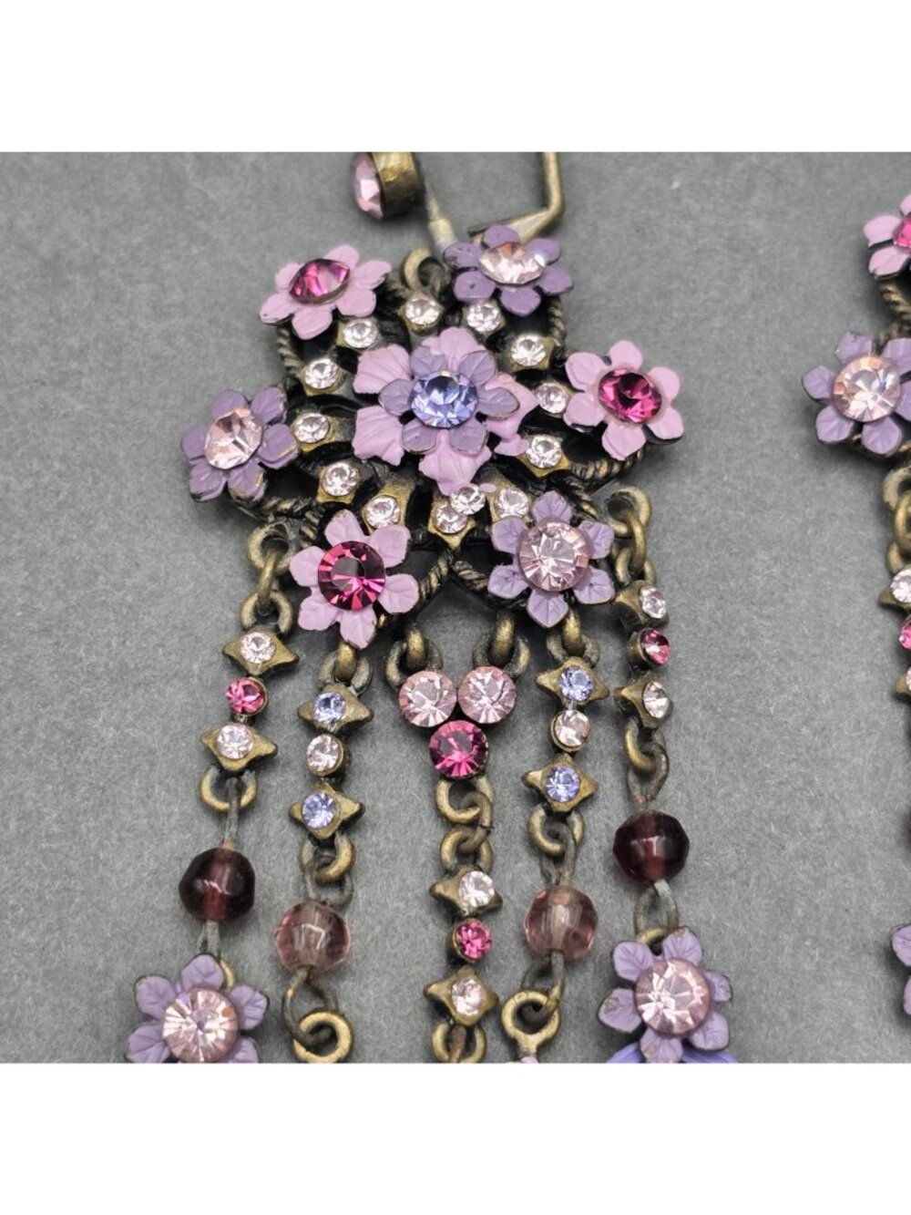 Vintage Michal Negrin Brass Dangle Earrings 4.75" Pastel Floral Crystal Drop - Picture 3 of 11